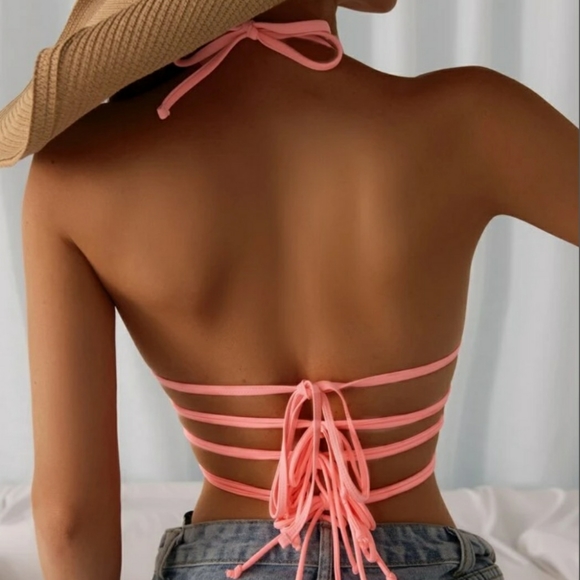 Solid Halter Push Up Top With Solid Tie Up Bottoms - Picture 7 of 13